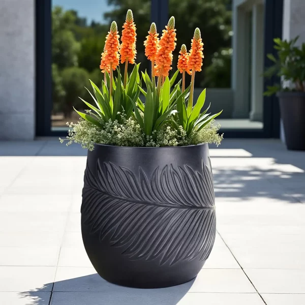 Leaf Embossed Black Garden Round Planter, Outdoor Plant Pot by Idealist Lite D40 H44 cm, 47 ltrs Cap.