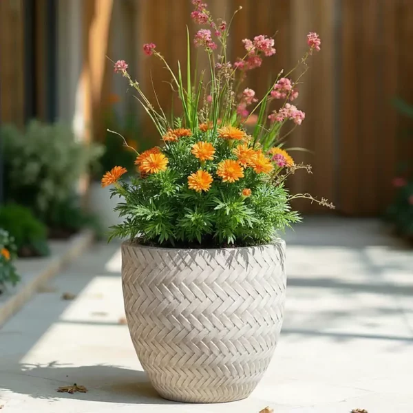 Plaited Style Beige Round Garden Planter, Outdoor Plant Pot D24 H23 cm, 10 ltrs Cap.