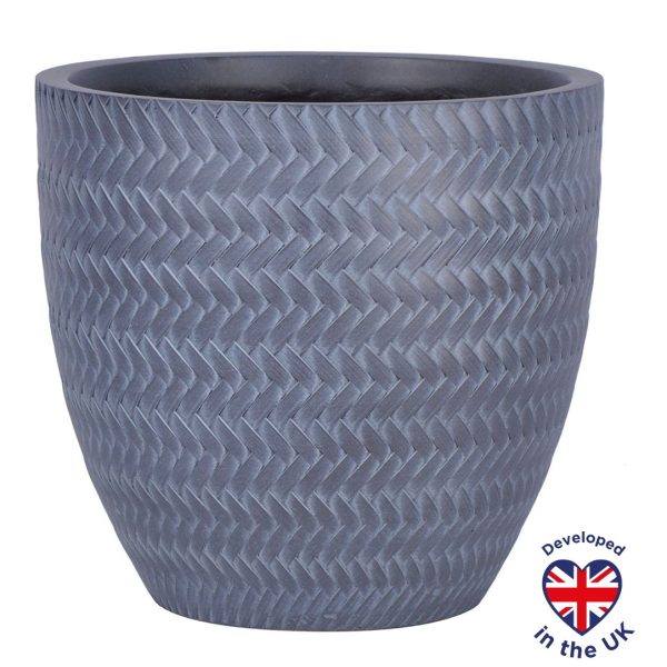 Plaited Style Grey Round Garden Planter, Outdoor Plant Pot D24 H23 cm, 10 ltrs Cap.