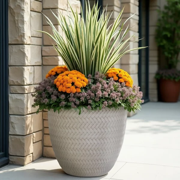 Plaited Style Beige Round Garden Planter, Outdoor Plant Pot D37 H34.5 cm, 37.1 ltrs Cap.