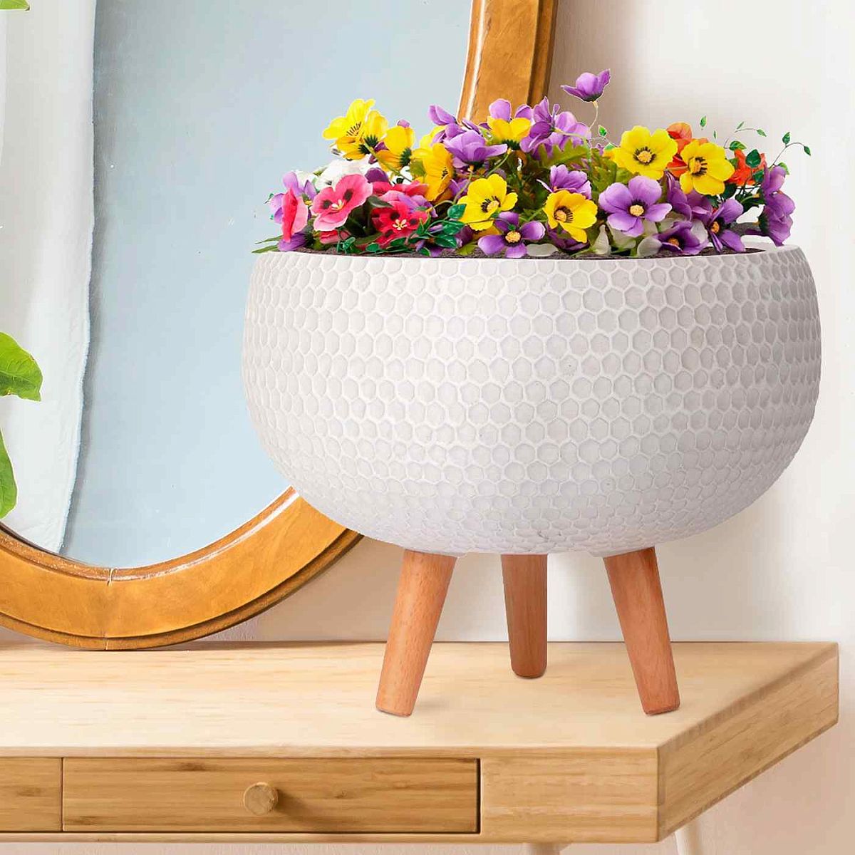 Style White Bowl Planter with Legs, Round Pot Plant Stand
