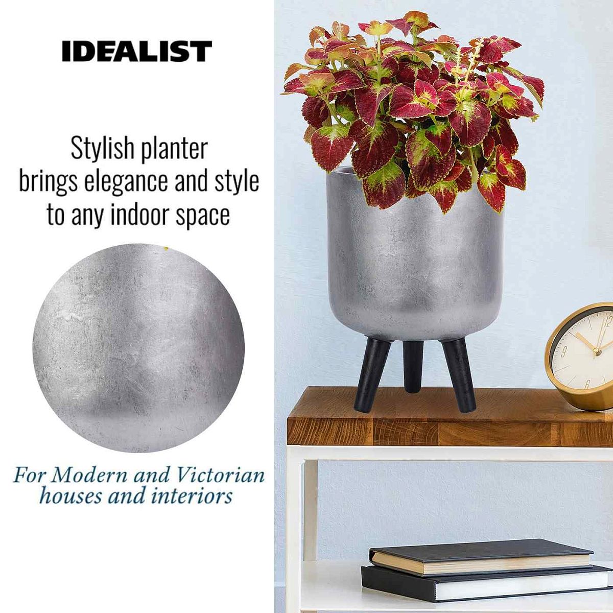 Concrete Effect Silver Round Planter on Legs, Round Pot Plant Stand