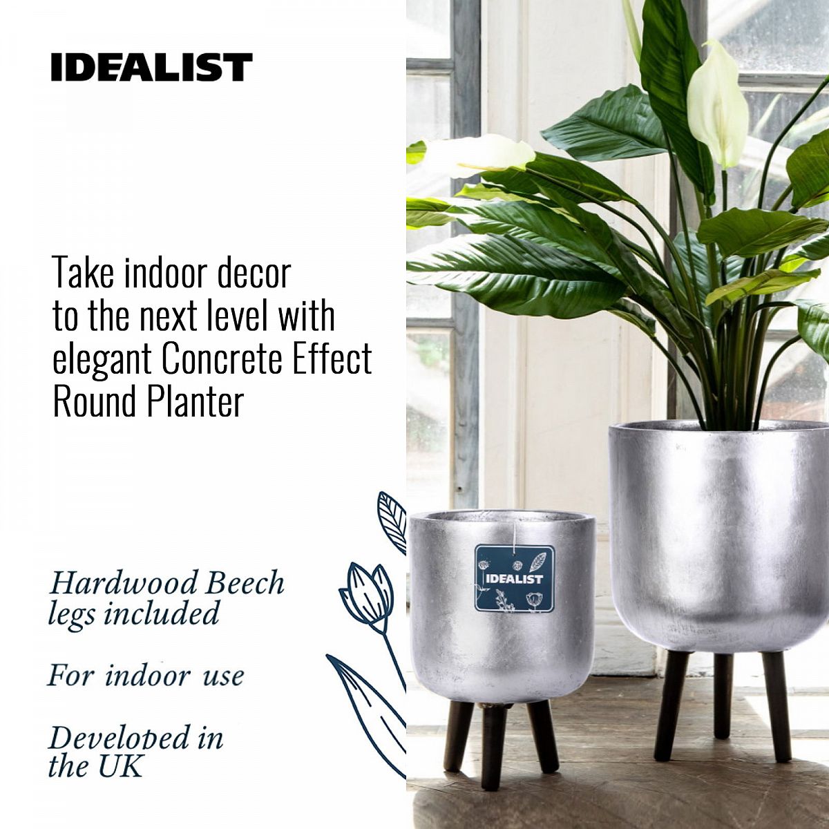 Concrete Effect Silver Round Planter on Legs, Round Pot Plant Stand