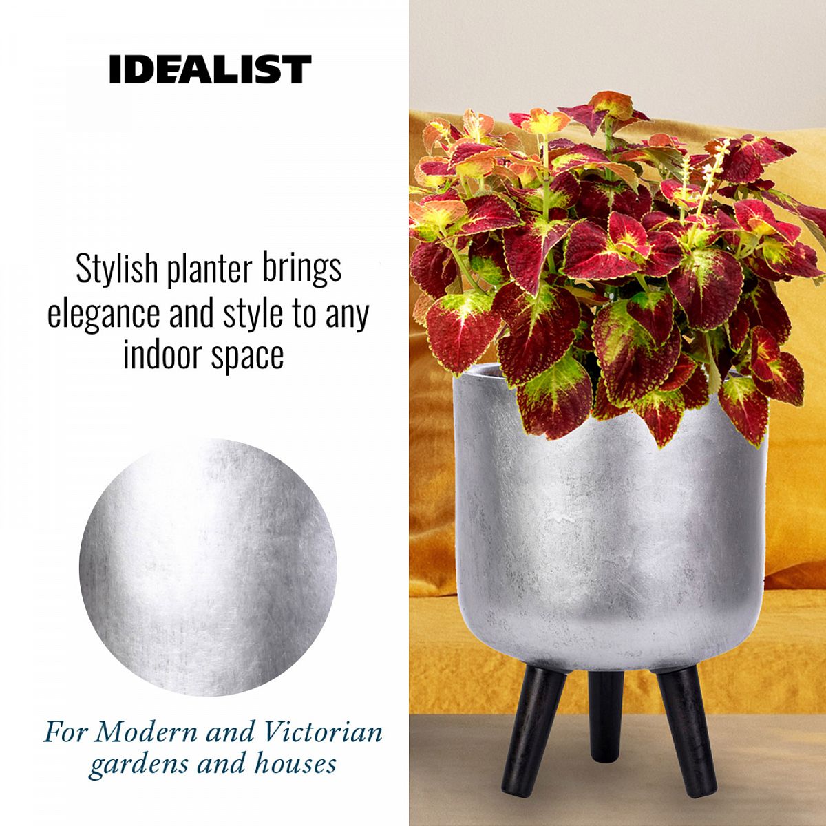 Concrete Effect Silver Round Planter on Legs, Round Pot Plant Stand