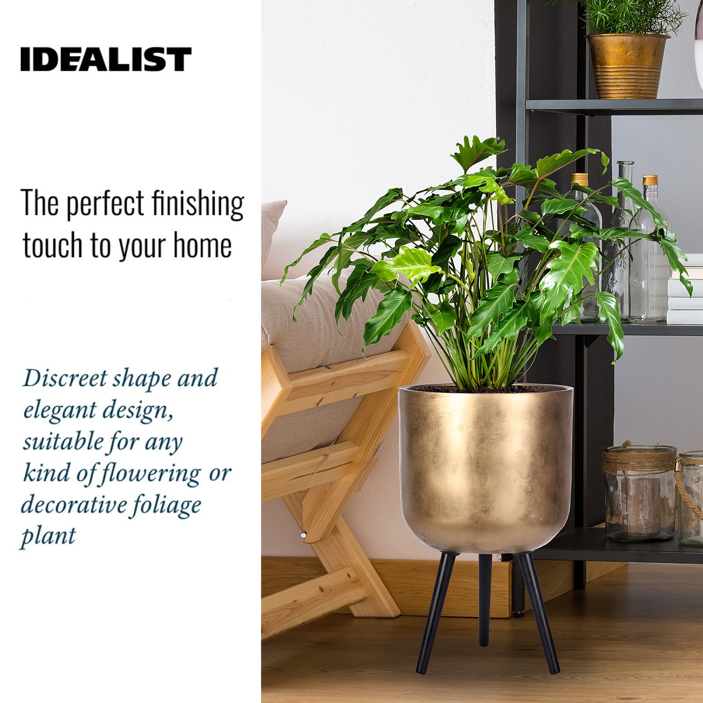 Concrete Effect Gold Round Planter with Legs, Round Pot Plant Stand