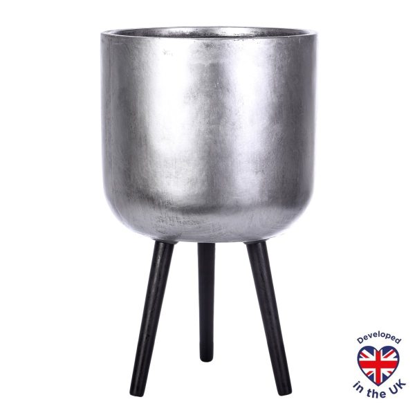 Concrete Effect Silver Planter on Legs, Round Indoor Plant Pot D33 H61 cm, 32L ltrs Cap.