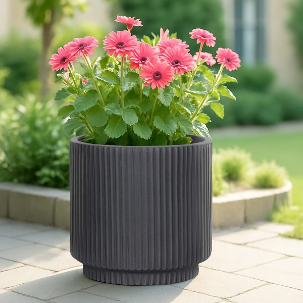 Vertical Ribbed Black Cylinder Planter, Outdoor Plant Pot D24 H24 cm, 7 ltrs Cap.