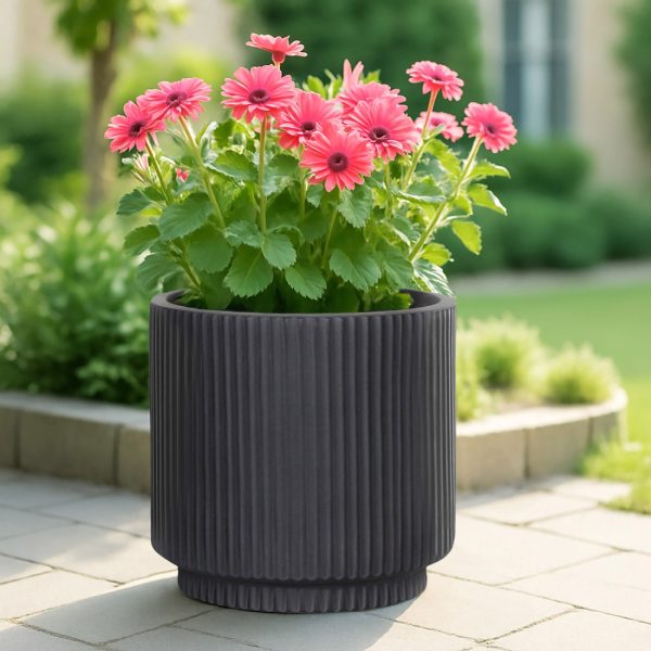 Vertical Ribbed Black Cylinder Planter, Outdoor Plant Pot D24 H24 cm, 7 ltrs Cap.