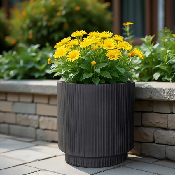 Vertical Ribbed Black Cylinder Planter, Outdoor Plant Pot D30 H30 cm, 16 ltrs Cap.