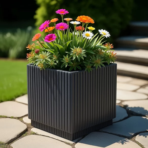 Vertical Ribbed Black Square Planter, Outdoor Plant Pot H25 L25 W25 cm, 12 ltrs Cap.