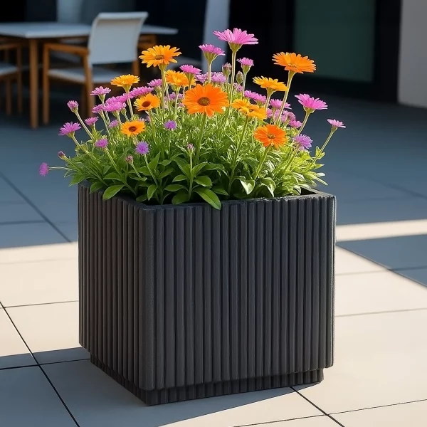 Vertical Ribbed Black Square Planter, Outdoor Plant Pot H30 L30 W30 cm, 22 ltrs Cap.