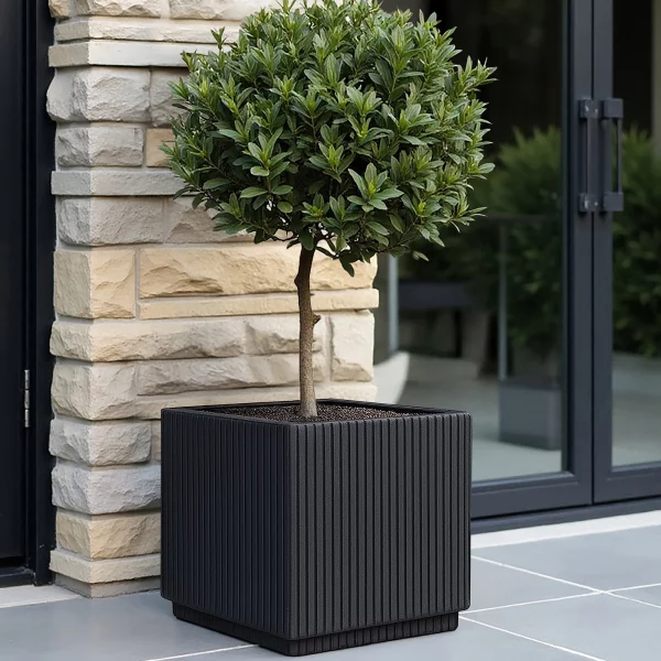 Vertical Ribbed Black Square Planter, Outdoor Plant Pot H37 L37 W37 cm, 42 ltrs Cap.