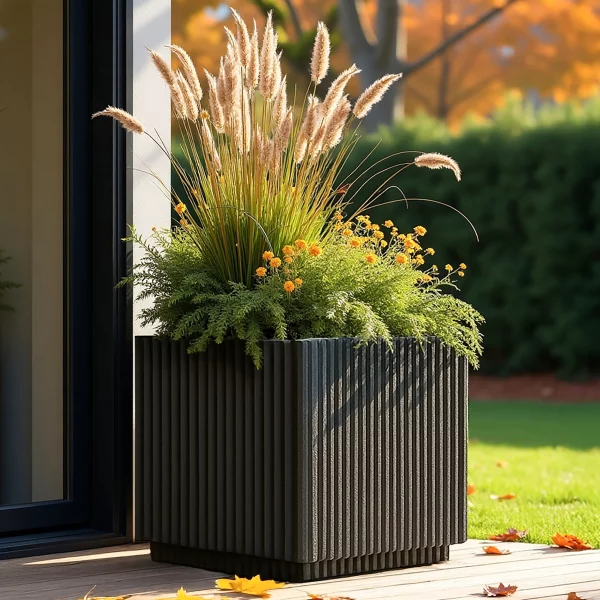 Vertical Ribbed Black Square Planter, Outdoor Plant Pot H44 L44 W44 cm, 74 ltrs Cap.