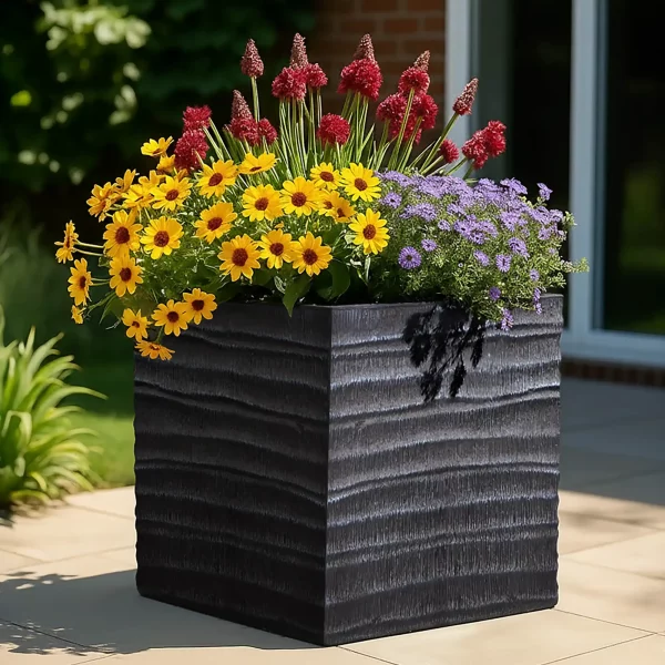 Straw Ribbed Black Vintage Style Square Planter, Outdoor Plant Pot H46 L50 W50 cm, 101 ltrs Cap.