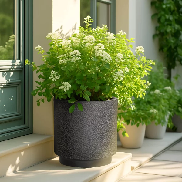Hammered Stone Black Cylinder Planter, Outdoor Plant Pot D36 H36 cm, 30 ltrs Cap.