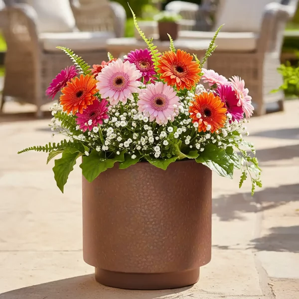 Hammered Stone Brown Cylinder Planter, Outdoor Plant Pot D36 H36 cm, 30 ltrs Cap.