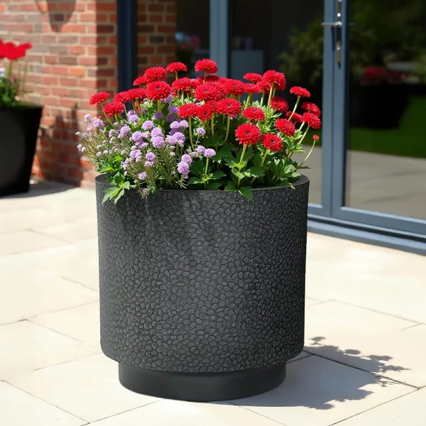 Hammered Stone Black Cylinder Planter, Outdoor Plant Pot D45 H45 cm, 62 ltrs Cap.