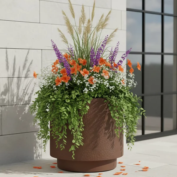 Hammered Stone Brown Cylinder Planter, Outdoor Plant Pot D45 H45 cm, 62.4 ltrs Cap.