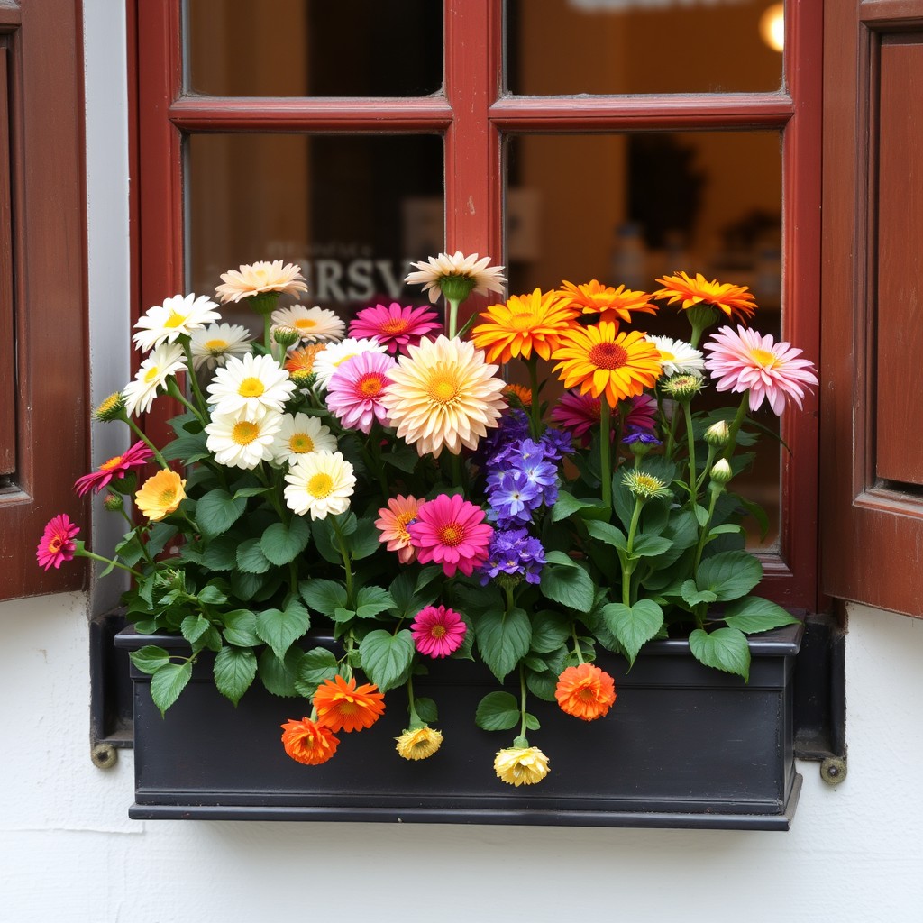 Vibrant window box with mixed flowers and plants in a stylish arrangement