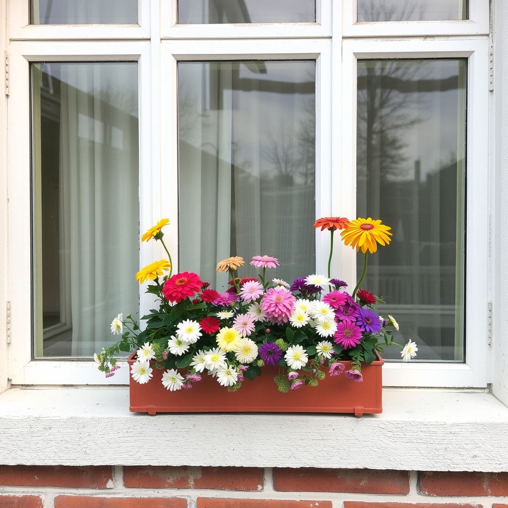 Colorful window box overflowing with sun-loving blooms