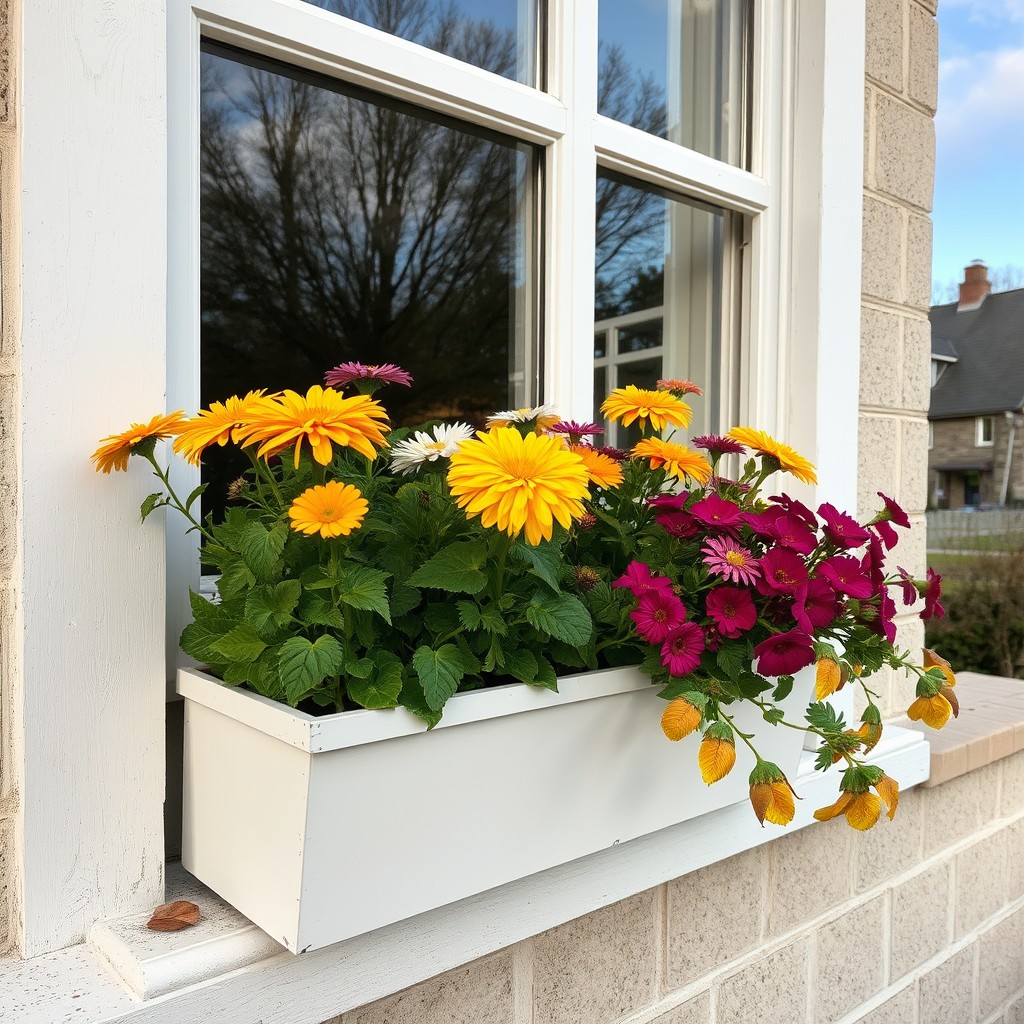 Four seasonal window box displays showing different blooms