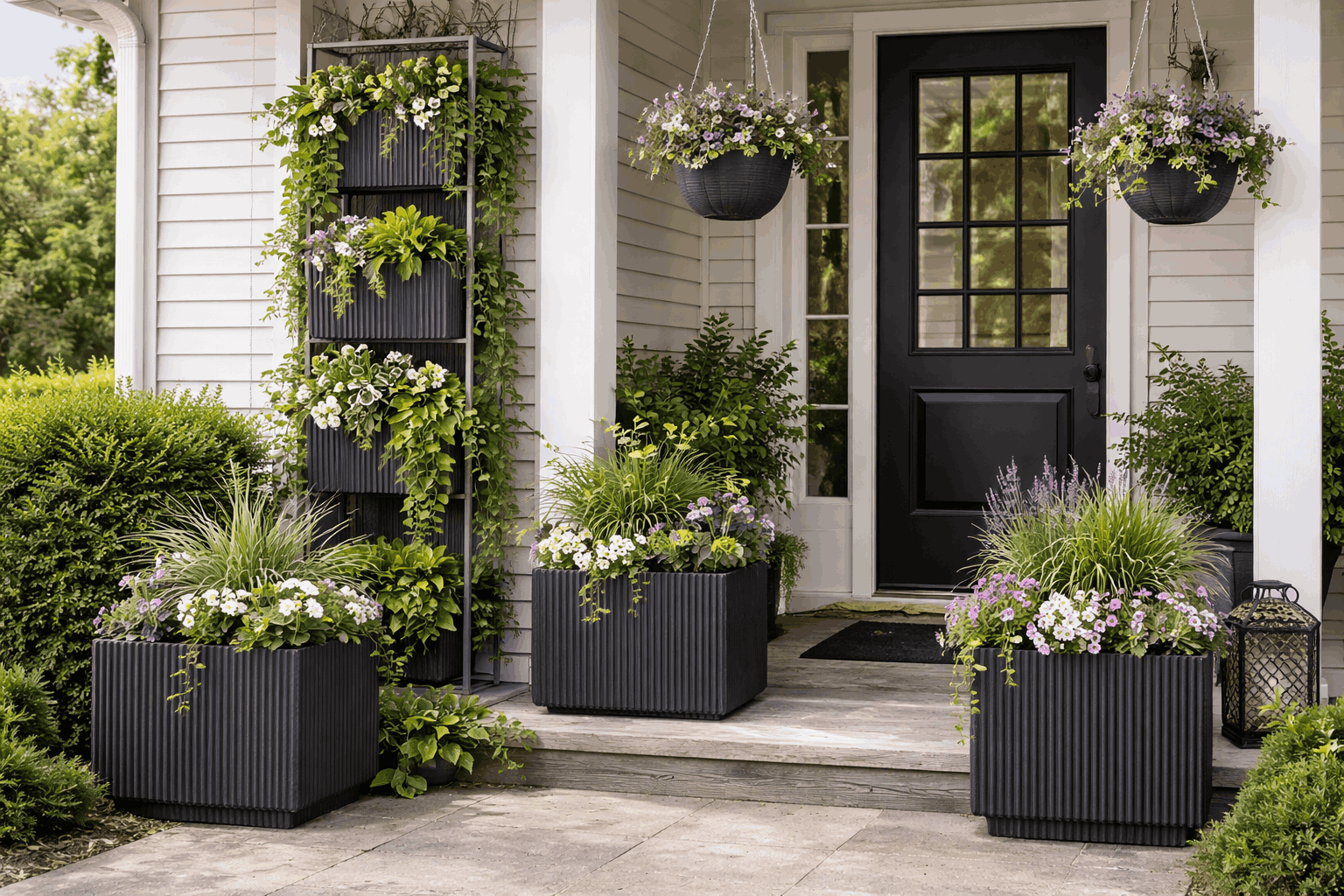 Two planters standing near the front door