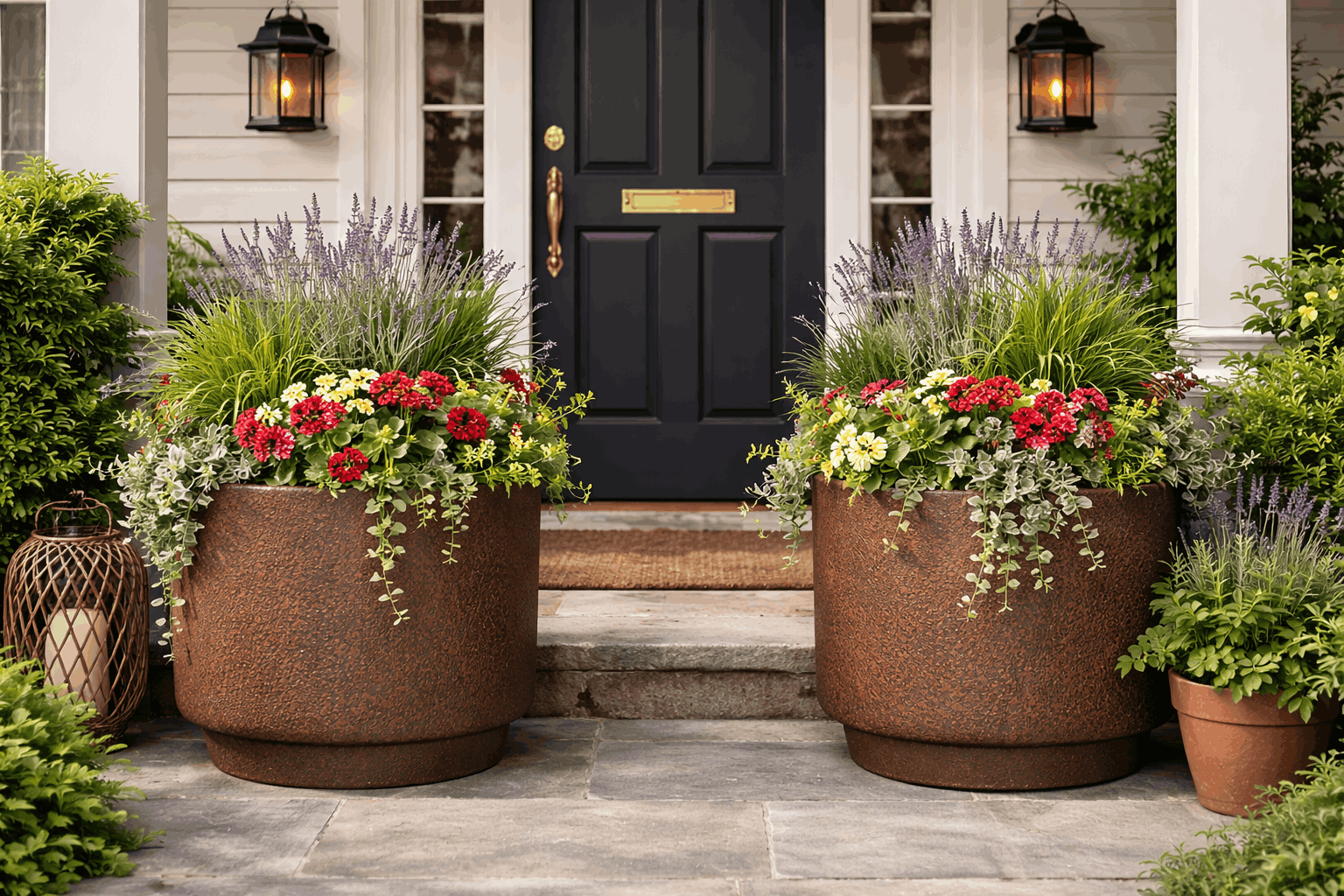 Two flower pots standing near the front door