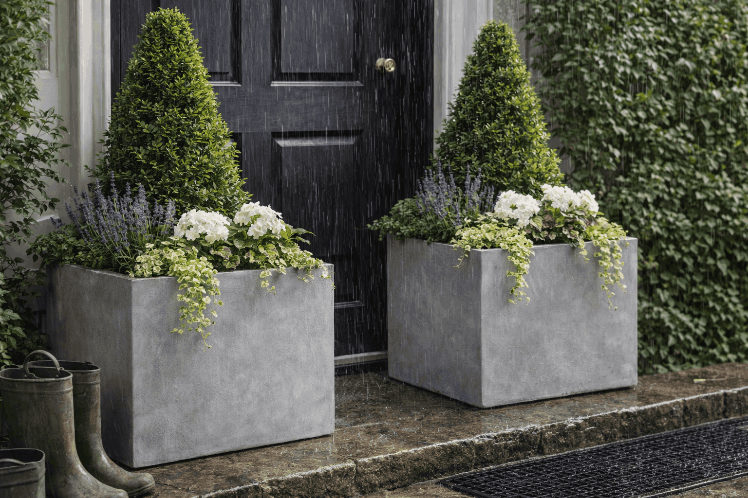 Planters standing in wet conditions