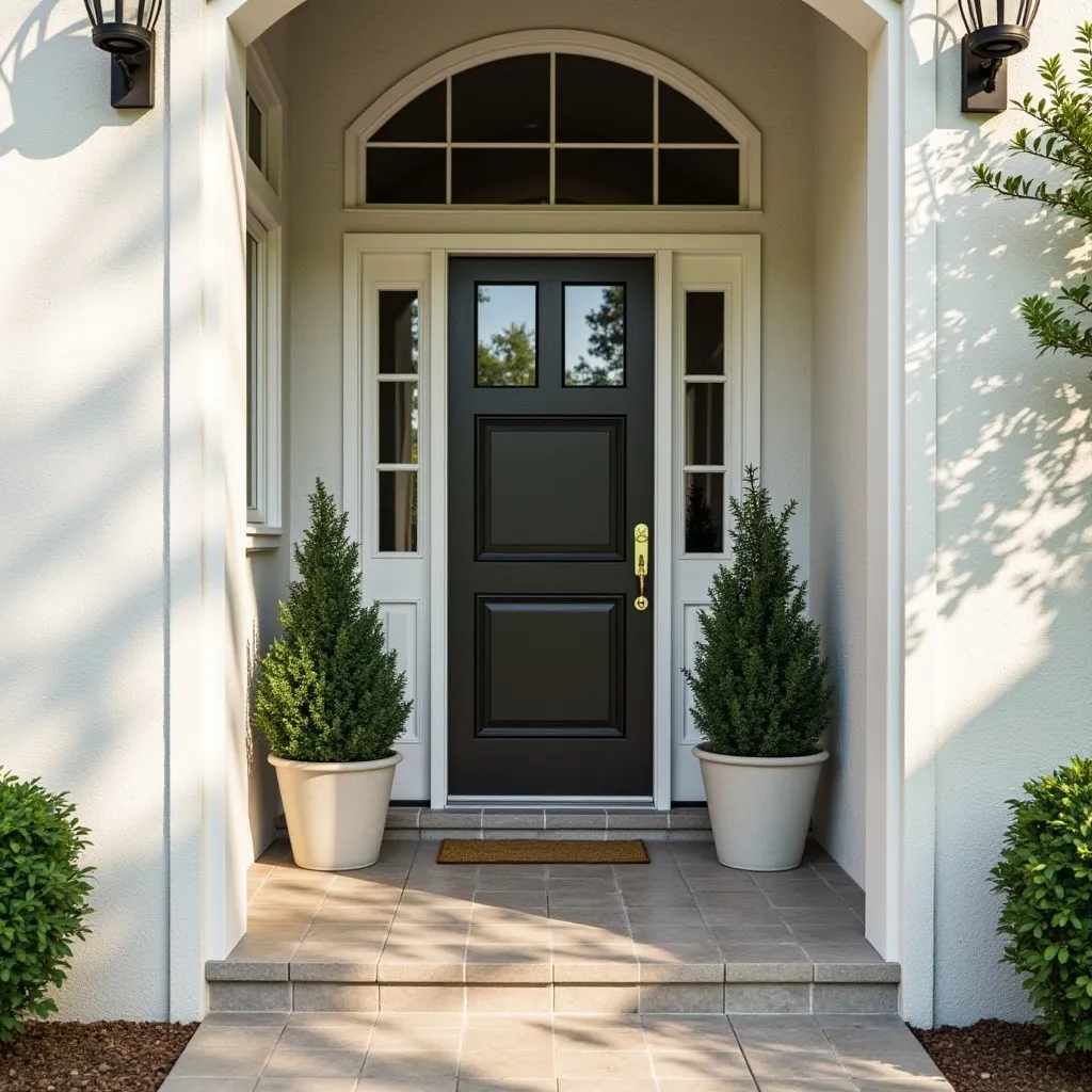 Two flower pots standing near the front door