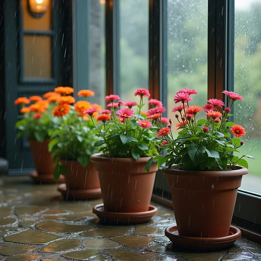 Planters standing in wet conditions