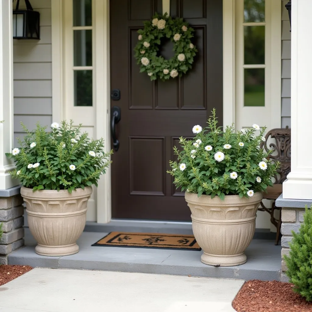 Two planters standing near the front door