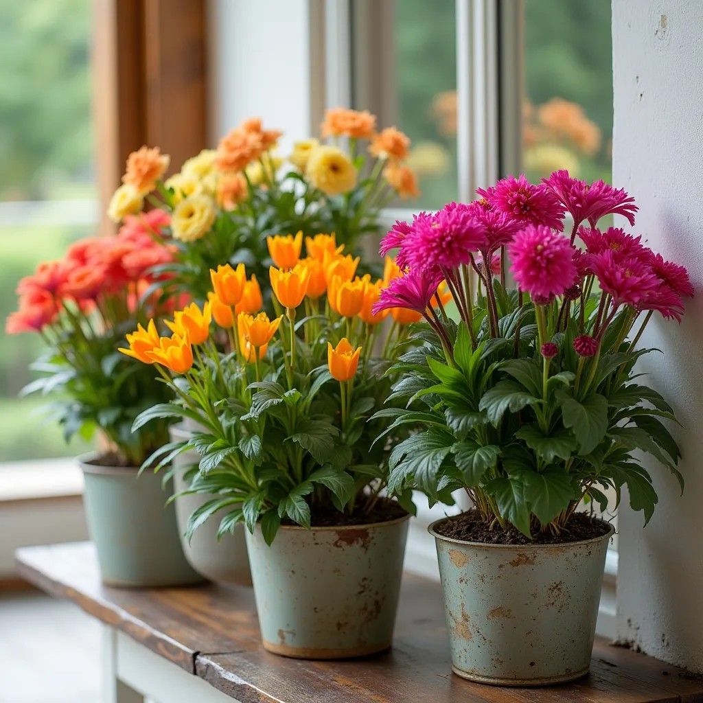 Beautiful flowers in planters