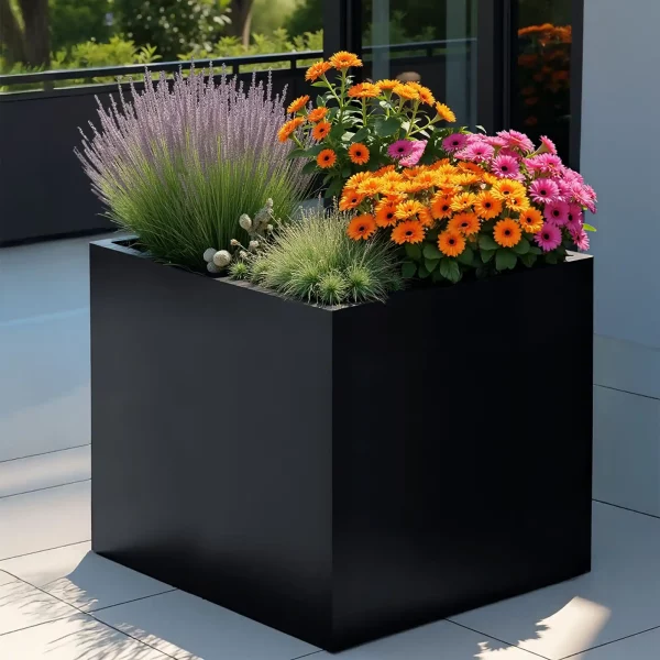 PURE Cube Black-Grey Fibreglass Outdoor Square Large Planter, H70 L70 W70 cm, 343 ltrs Cap.
