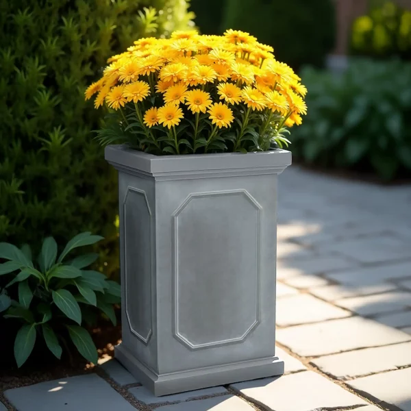 Faux Lead Chelsea Tall Square Grey Light Stone Garden Planter H52 L24 W24 cm, 30 ltrs Cap.