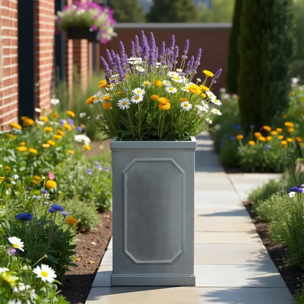 Faux Lead Chelsea Tall Square Grey Light Stone Garden Planter H64 L31 W31 cm, 62 ltrs Cap.