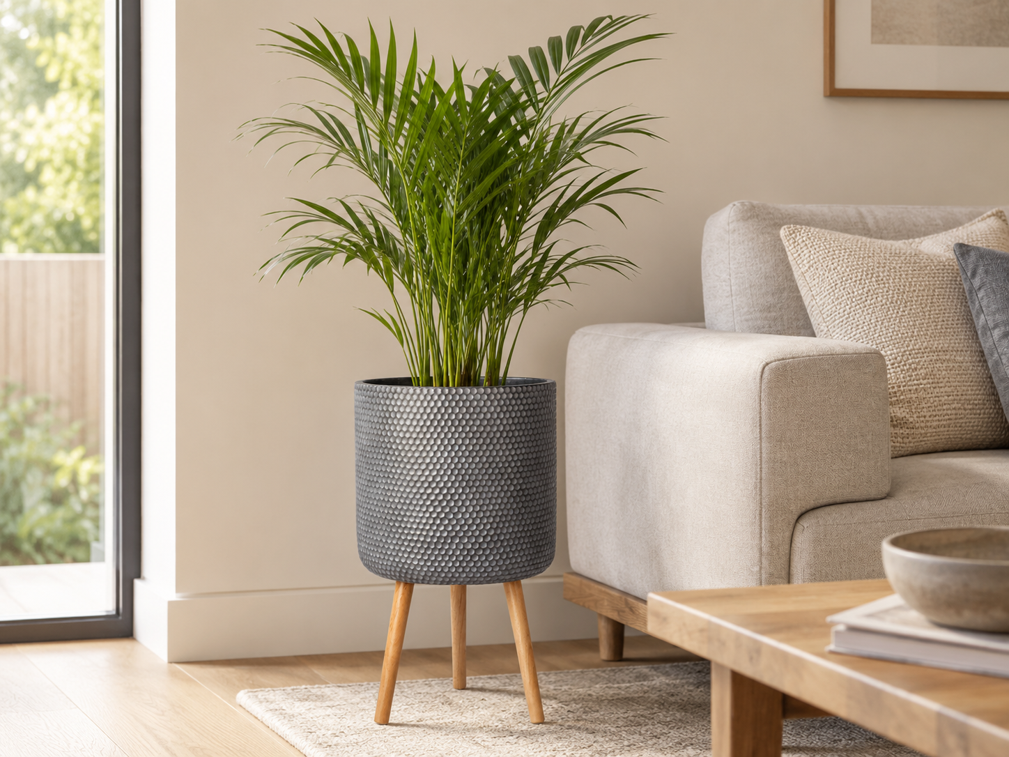 IDEALIST tall planter on wooden legs in a modern living room
