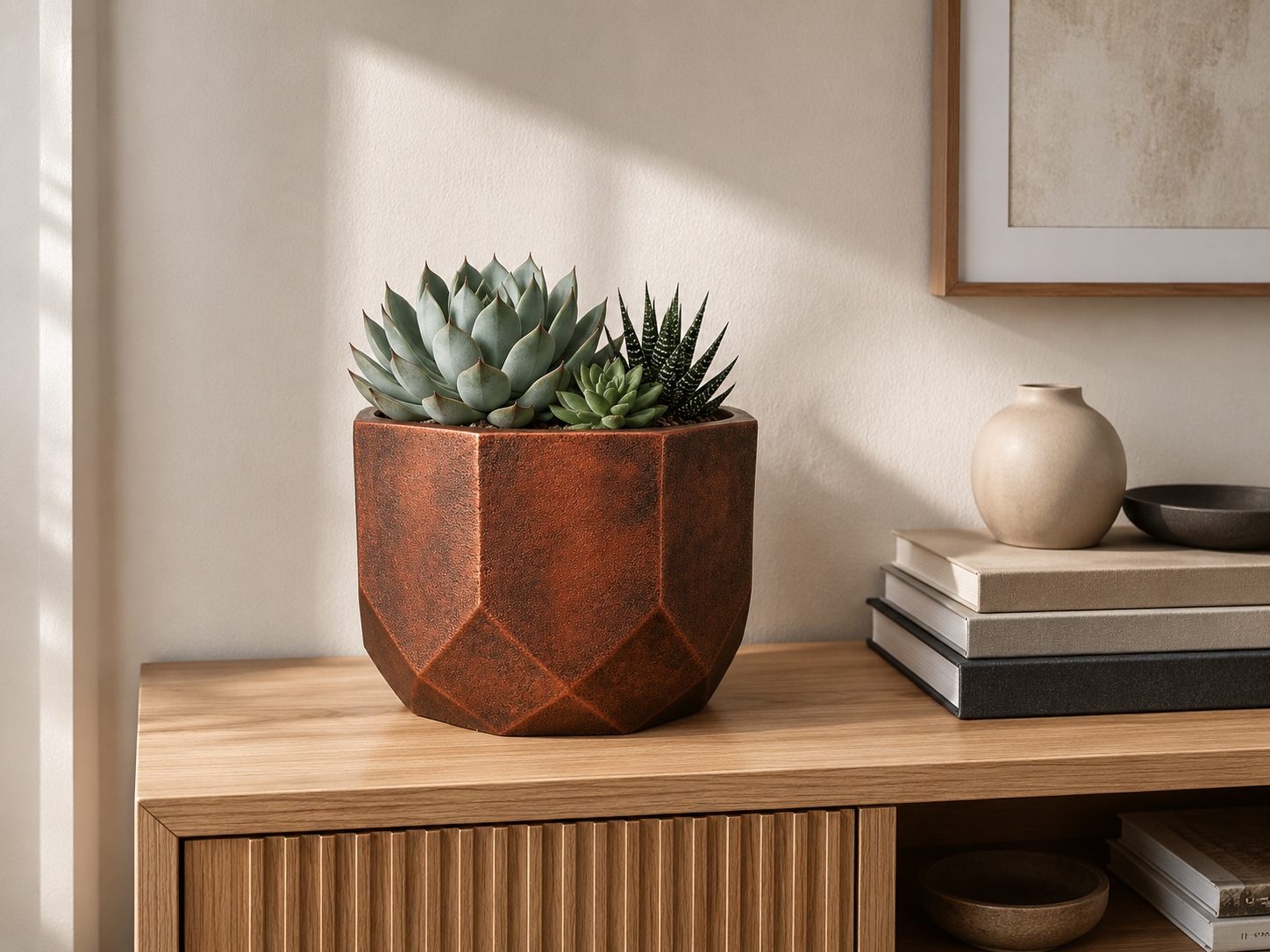 IDEALIST geometric succulent planter on a sideboard