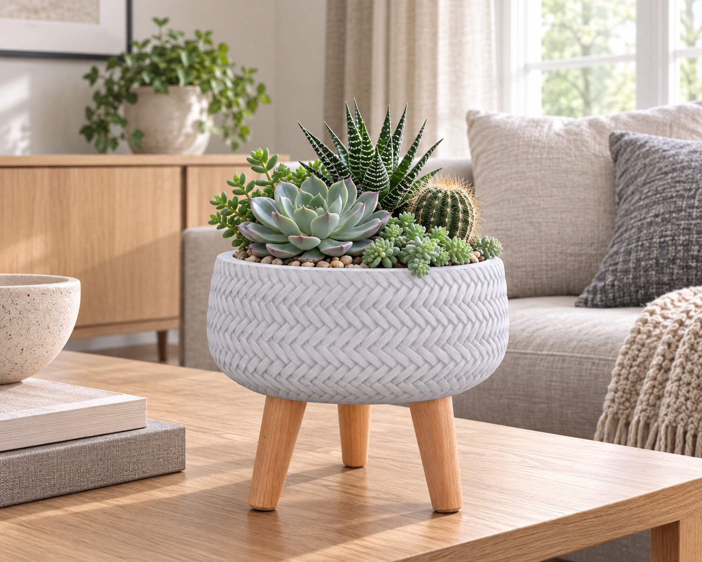 IDEALIST bowl planter with a mixed succulent arrangement